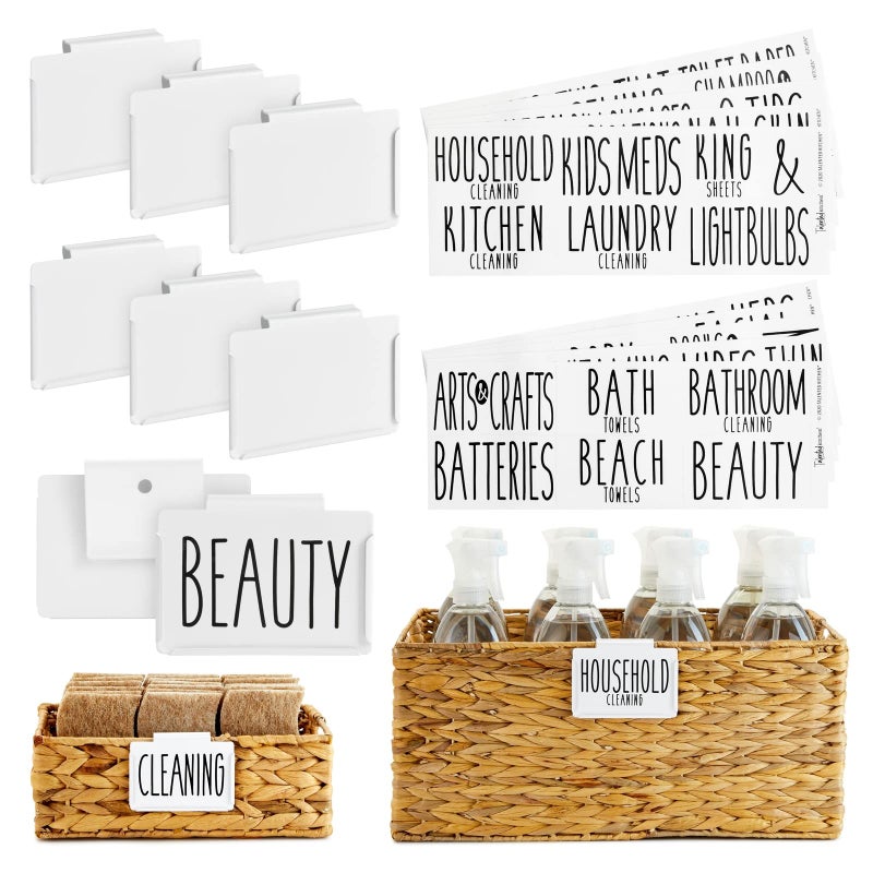 Talented Kitchen Storage Bin Label Holder Set - Easy-On Clip-On Tags for Storage Bins - 70 Preprinted Pantry Labels for Containers & Baskets - 8-Pack, 3.5" x 2.5", White - Image 1